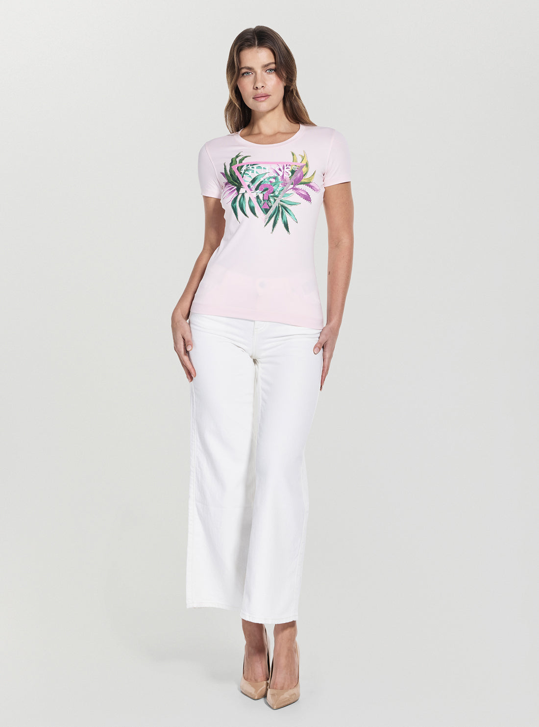 GUESS Womens Pink Leaf Triangle Logo T-Shirt W5GI07J1314 Full View