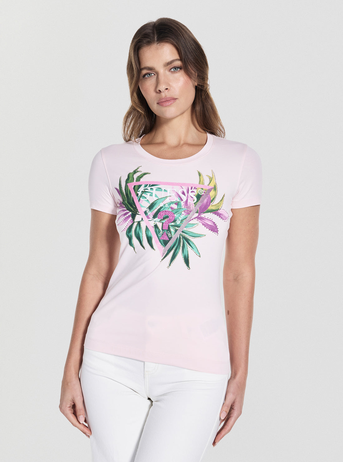 GUESS Womens Pink Leaf Triangle Logo T-Shirt W5GI07J1314 Front View