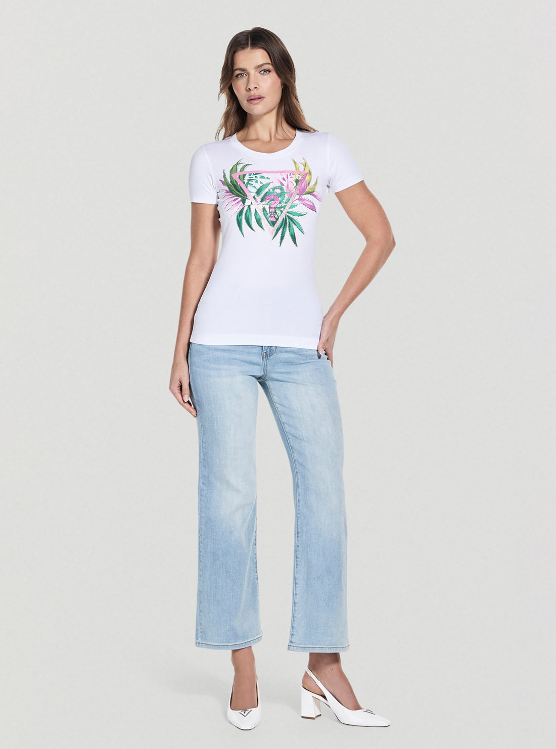 GUESS Womens White Leaf Triangle Logo T-Shirt W5GI07J1314 Full View