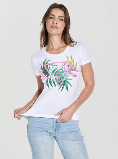 GUESS Womens White Leaf Triangle Logo T-Shirt W5GI07J1314 Front View