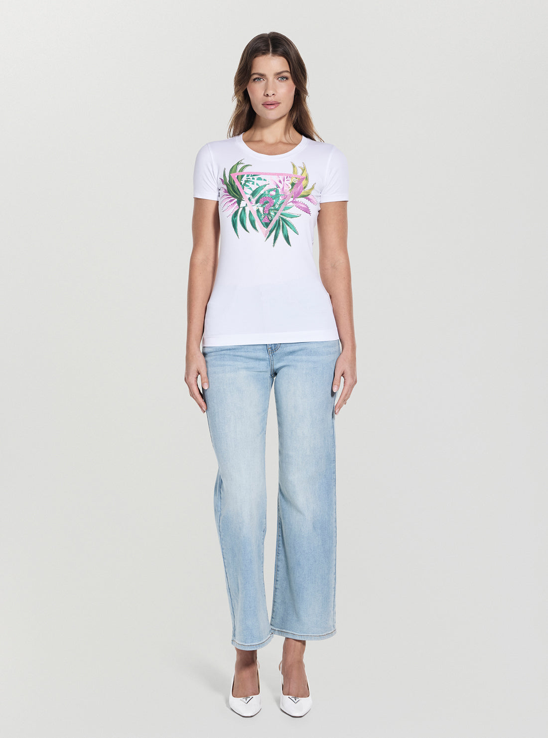 GUESS Womens White Leaf Triangle Logo T-Shirt W5GI07J1314 Full View_2