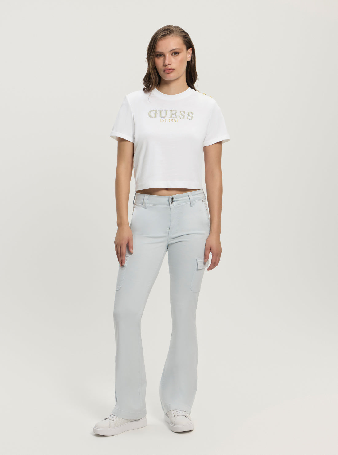 GUESS Women White Rhinestone Logo T-shirt W5GI15K8FQ4 Full View