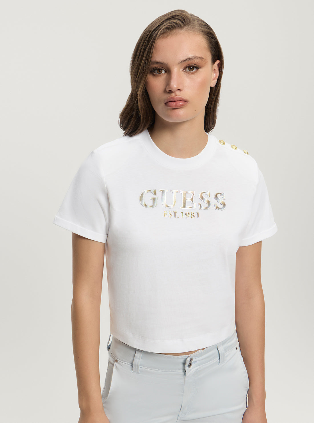 GUESS Women White Rhinestone Logo T-shirt W5GI15K8FQ4 Detail View
