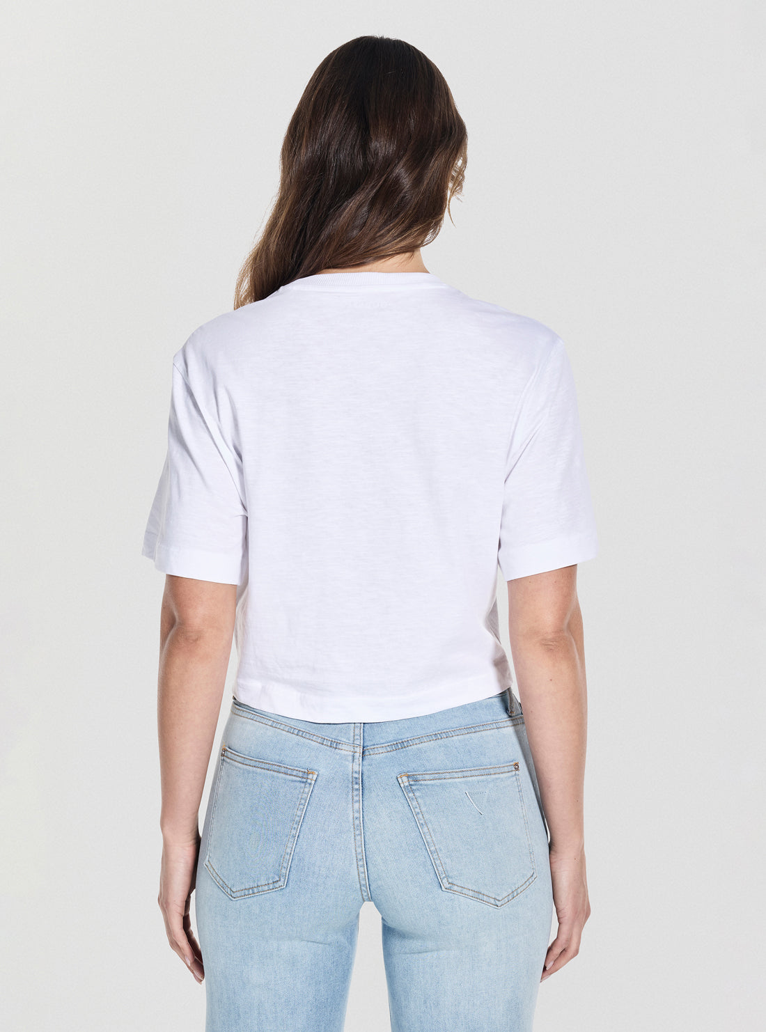 GUESS Womens Blue Palm Print Boxy Cropped T-Shirt W5GI19K6XN4 Back View