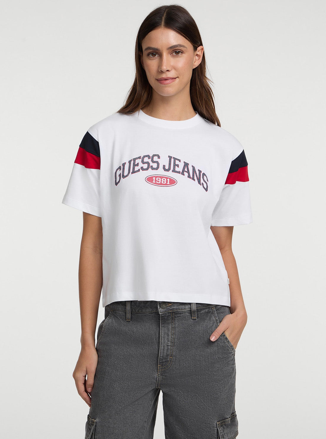 Guess Jeans White Boxy Pieced T-Shirt W5GI21K8HM0 Front View