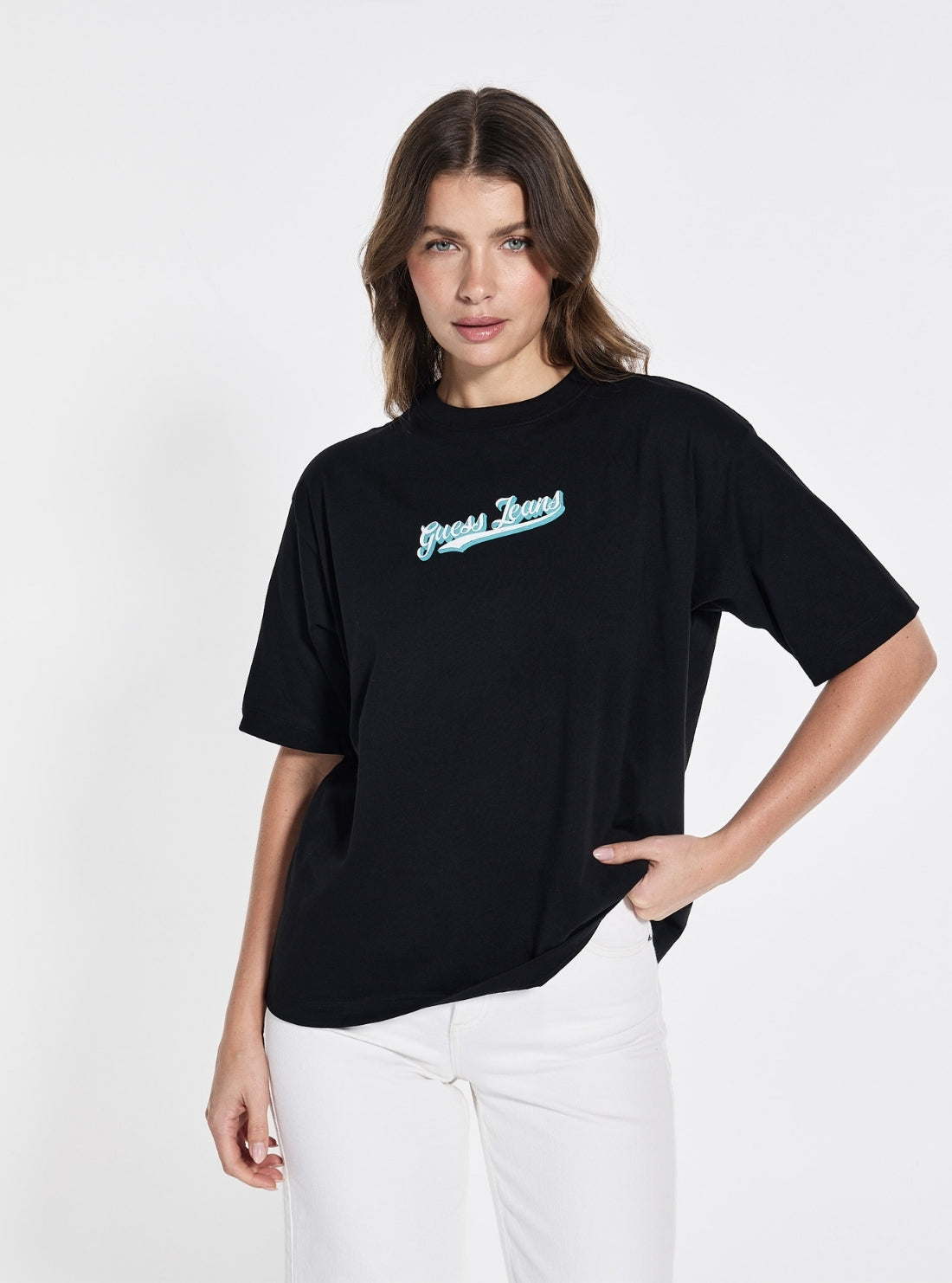 Guess Jeans Black Oversized Curved Logo T-Shirt W5GI29K8HM0 Front Side View