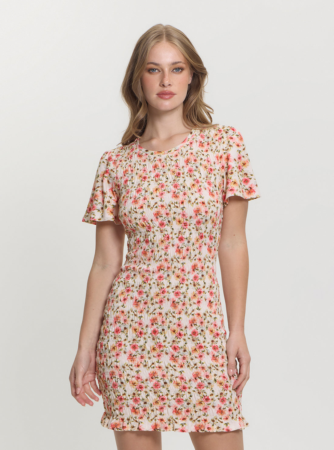 GUESS Womens Floral Multi Claire Smock Mini Dress W5GK34KCSA2 Front View