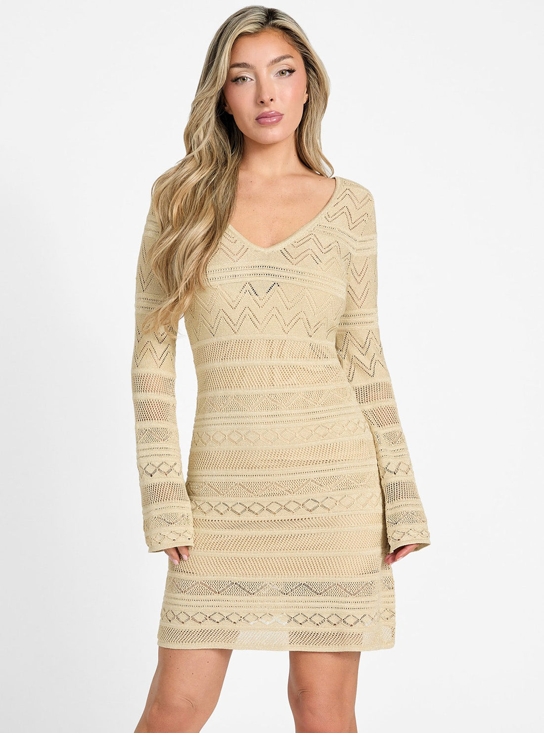 GUESS Womens Beige Nellie Mini Sweater Dress W5GK48Z3E22 Front View