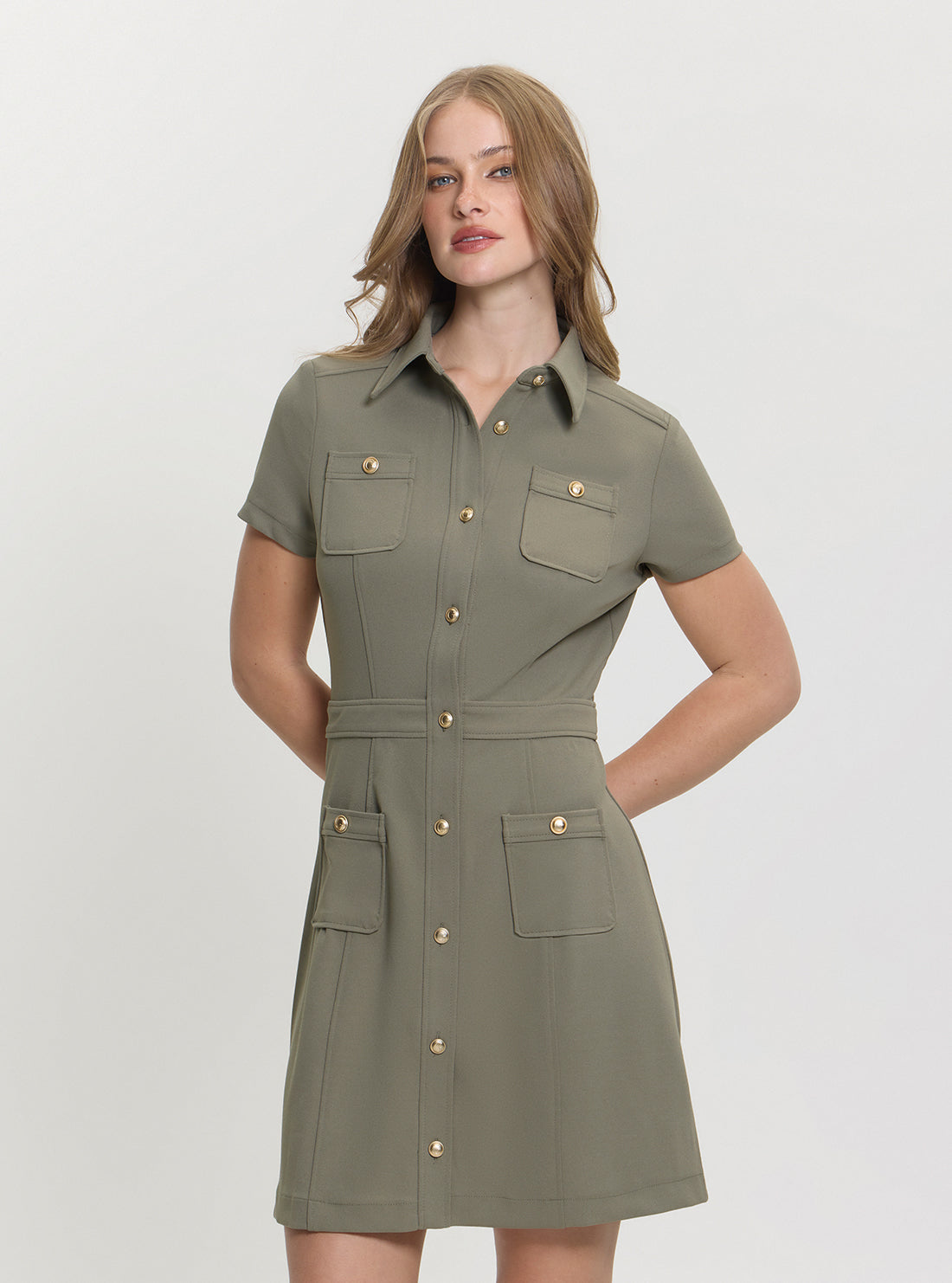 GUESS Womens Green Elora Pockets Mini Dress W5GK70KCBO2 Front View