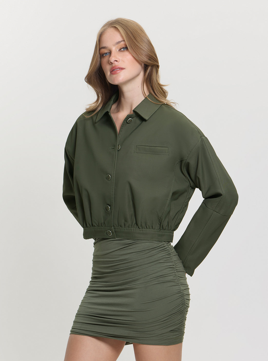 GUESS Womens Green Rian Twill Jacket W5GL27WH872 Front Side View