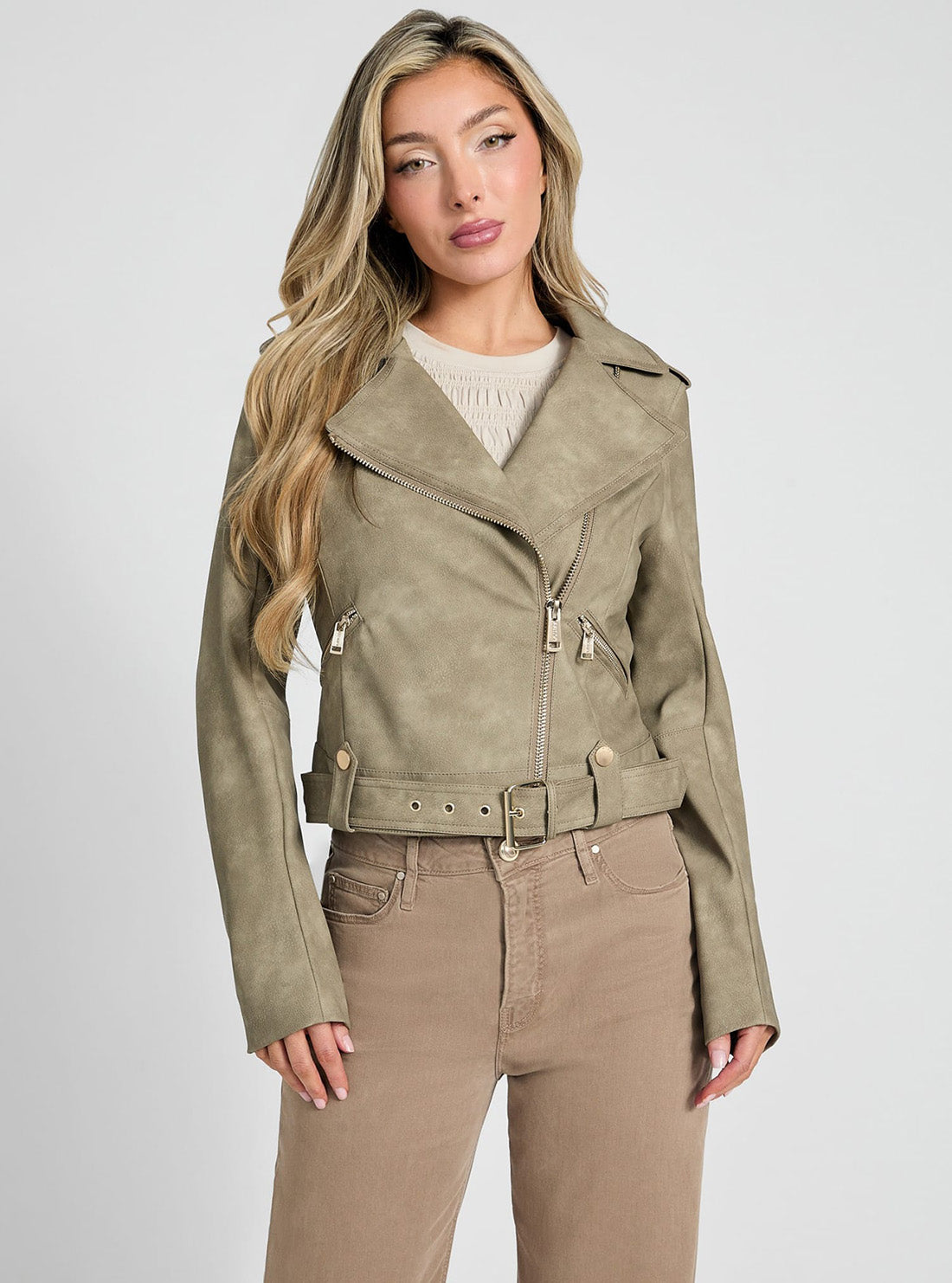 GUESS Womens Green Concetta Biker Jacket W5GL30WHA90 Front View