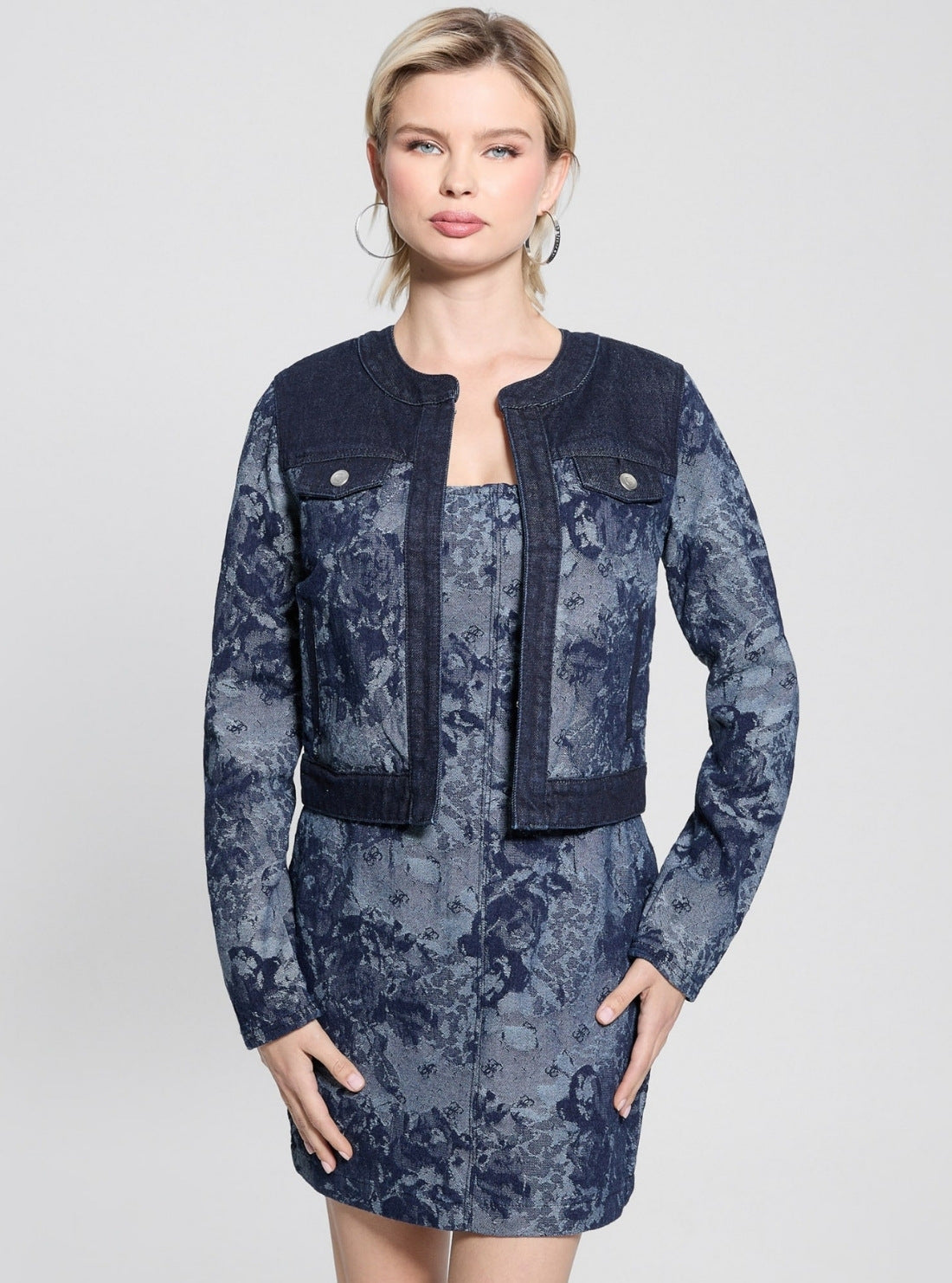 GUESS Womens Blue Finley Jacquard Denim Jacket W5GN79D5O70 Front View