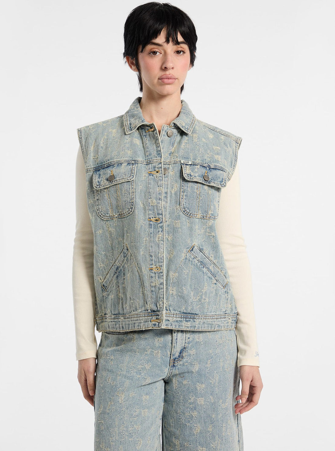 Guess Original Blue Denim Trucker Vest W5GN82D5OTA Front View