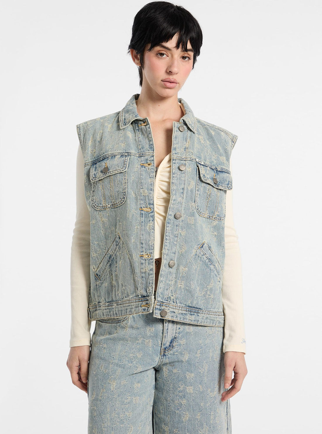 Guess Original Blue Denim Trucker Vest W5GN82D5OTA Front View