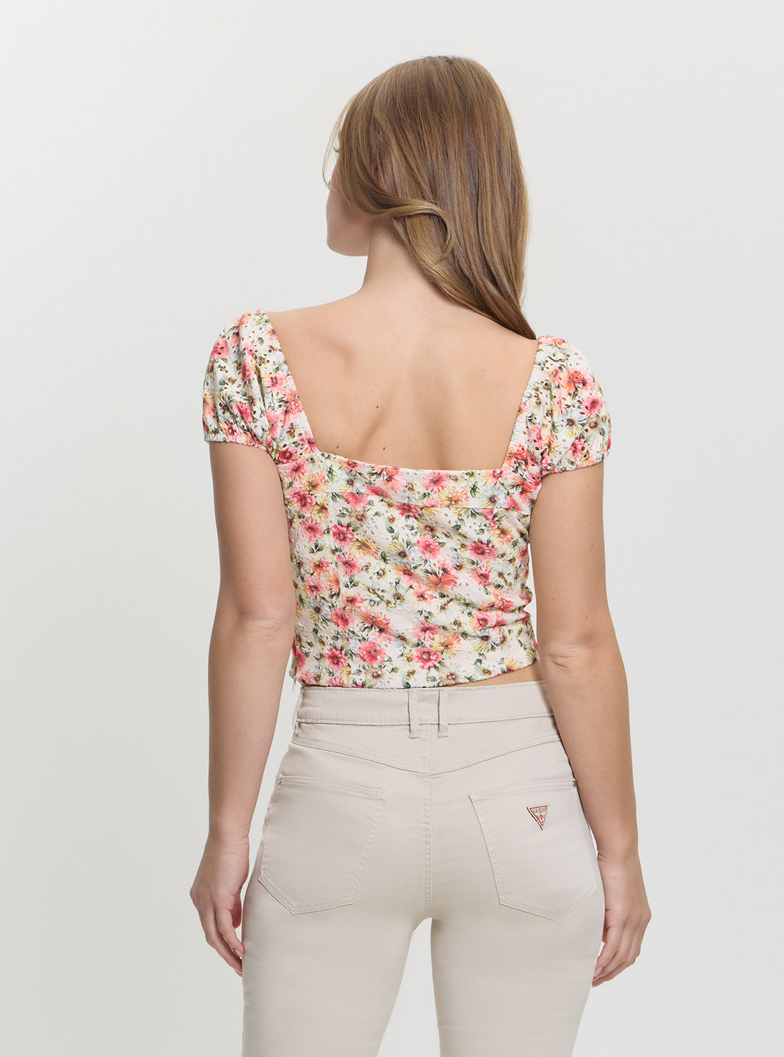 GUESS Womens Floral Print Eliane Puffed Cropped Top W5GP13KCVA1 Back View