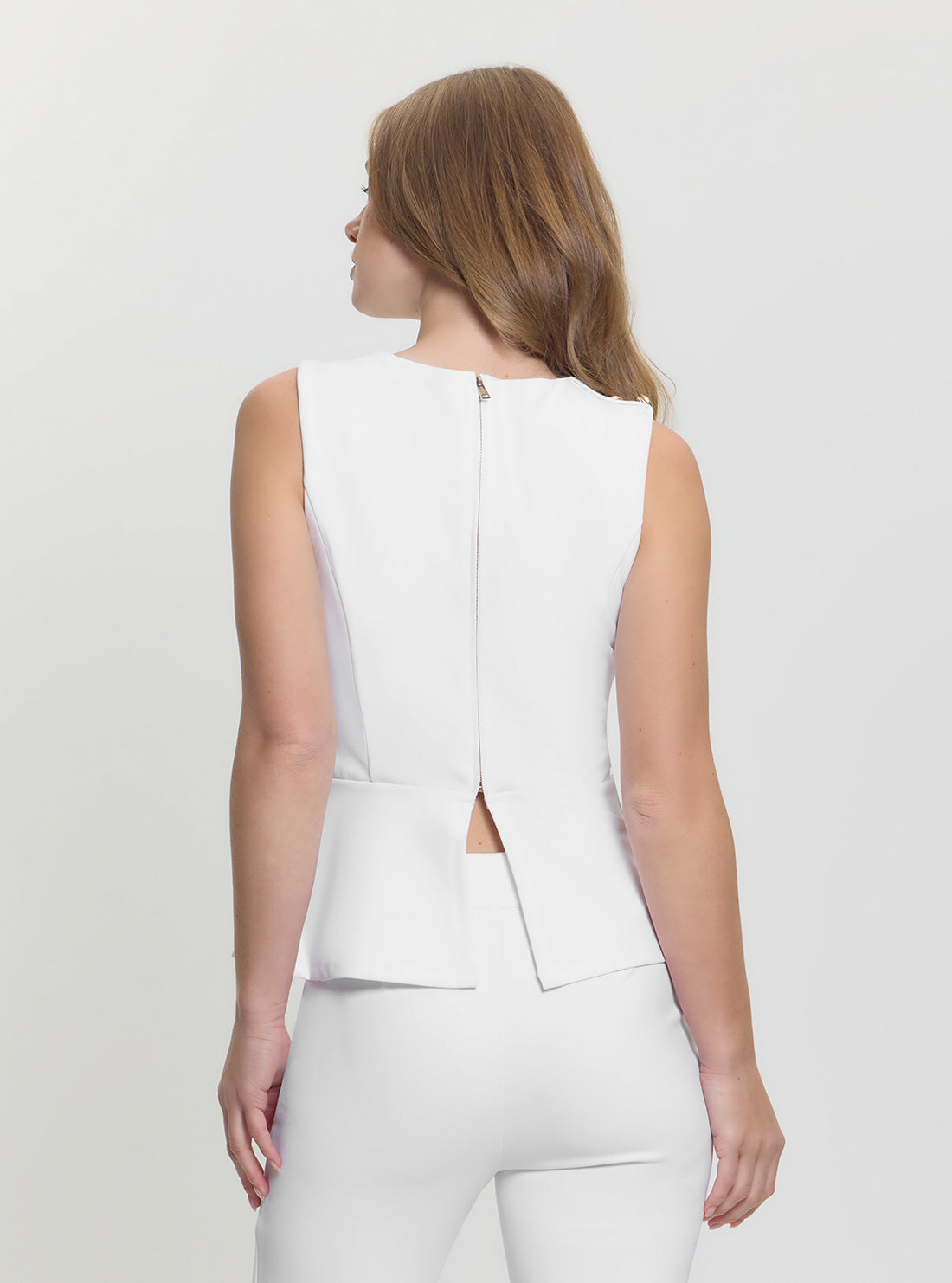 GUESS Womens White Sleeveless Ambre Peplum Top W5GP54KCBO2 Back View