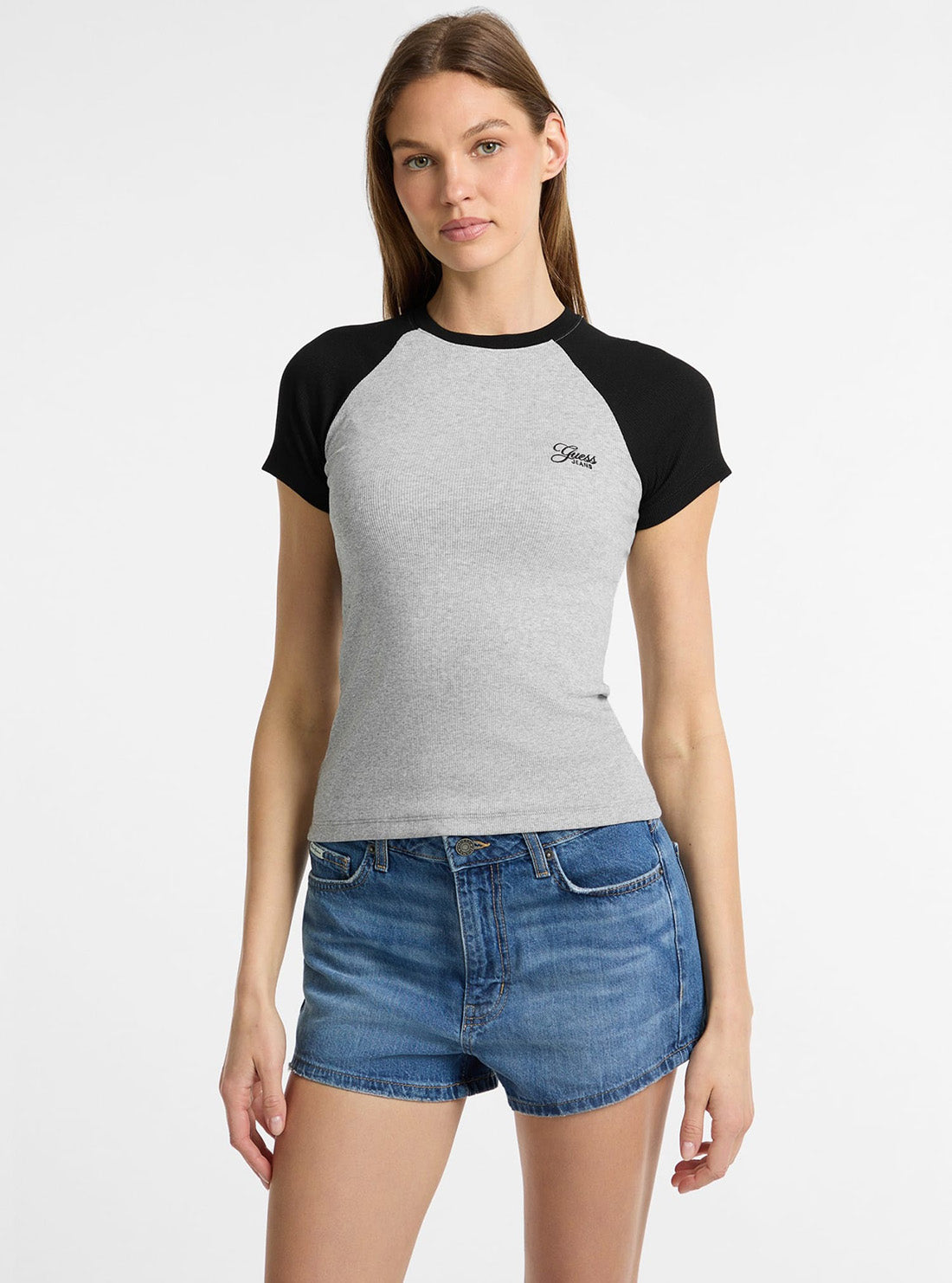 Guess Jeans Grey Raglan Embroidered Slim T-Shirt W5GP61KA0H1 Front View 