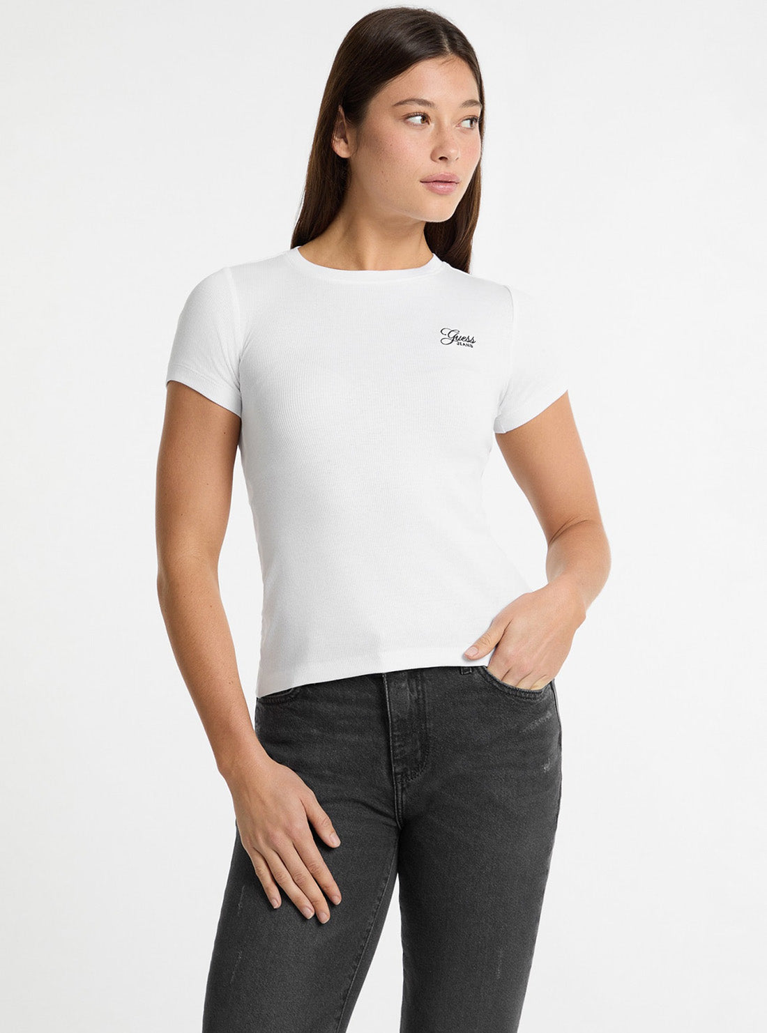Guess Jeans White Embroidered Slim Knit Top W5GP62KA0H1 Front View