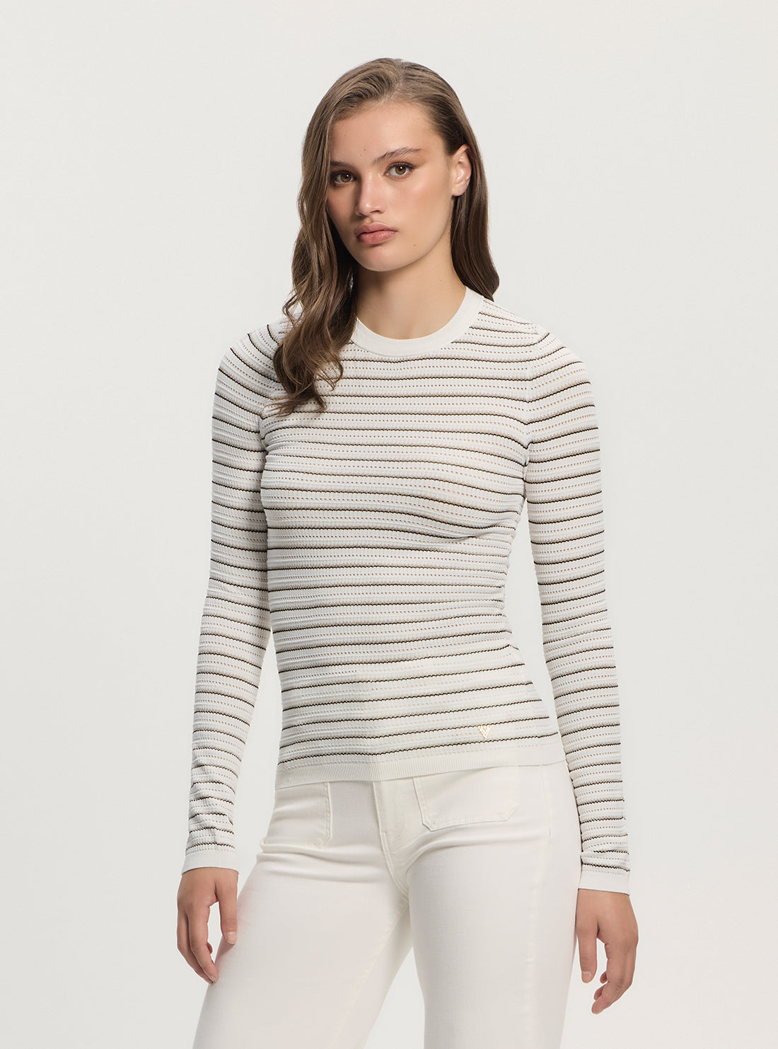 GUESS Womens White Black Striped Kyla Sweater W5GR14Z3MS0 Front Side View