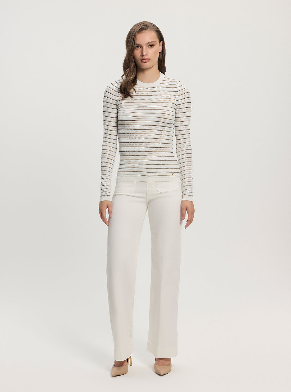 GUESS Womens White Black Striped Kyla Sweater W5GR14Z3MS0 Full View