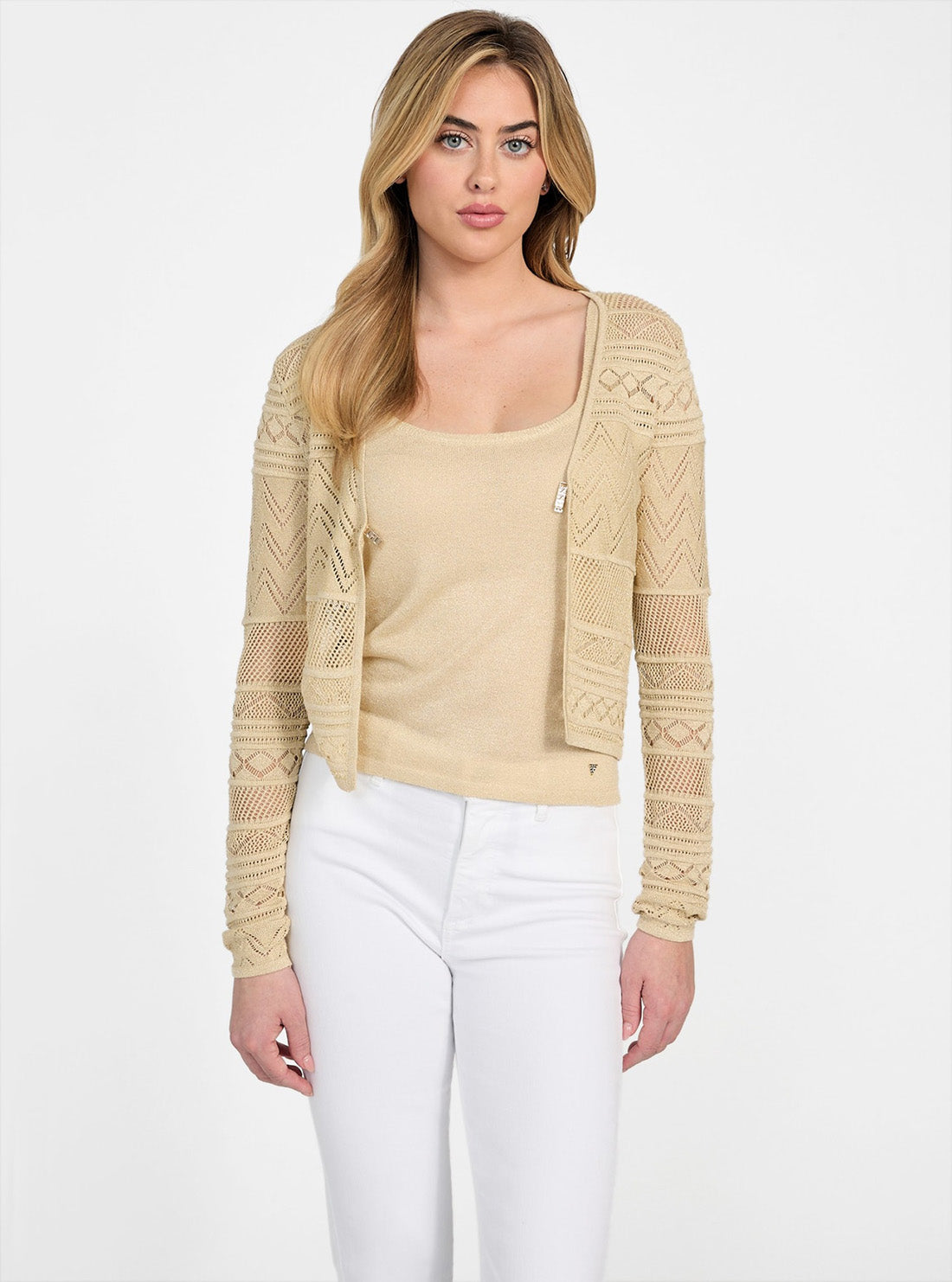 GUESS Womens Beige Nellie Cardigan Sweater W5GR15Z3E22 Front View_2
