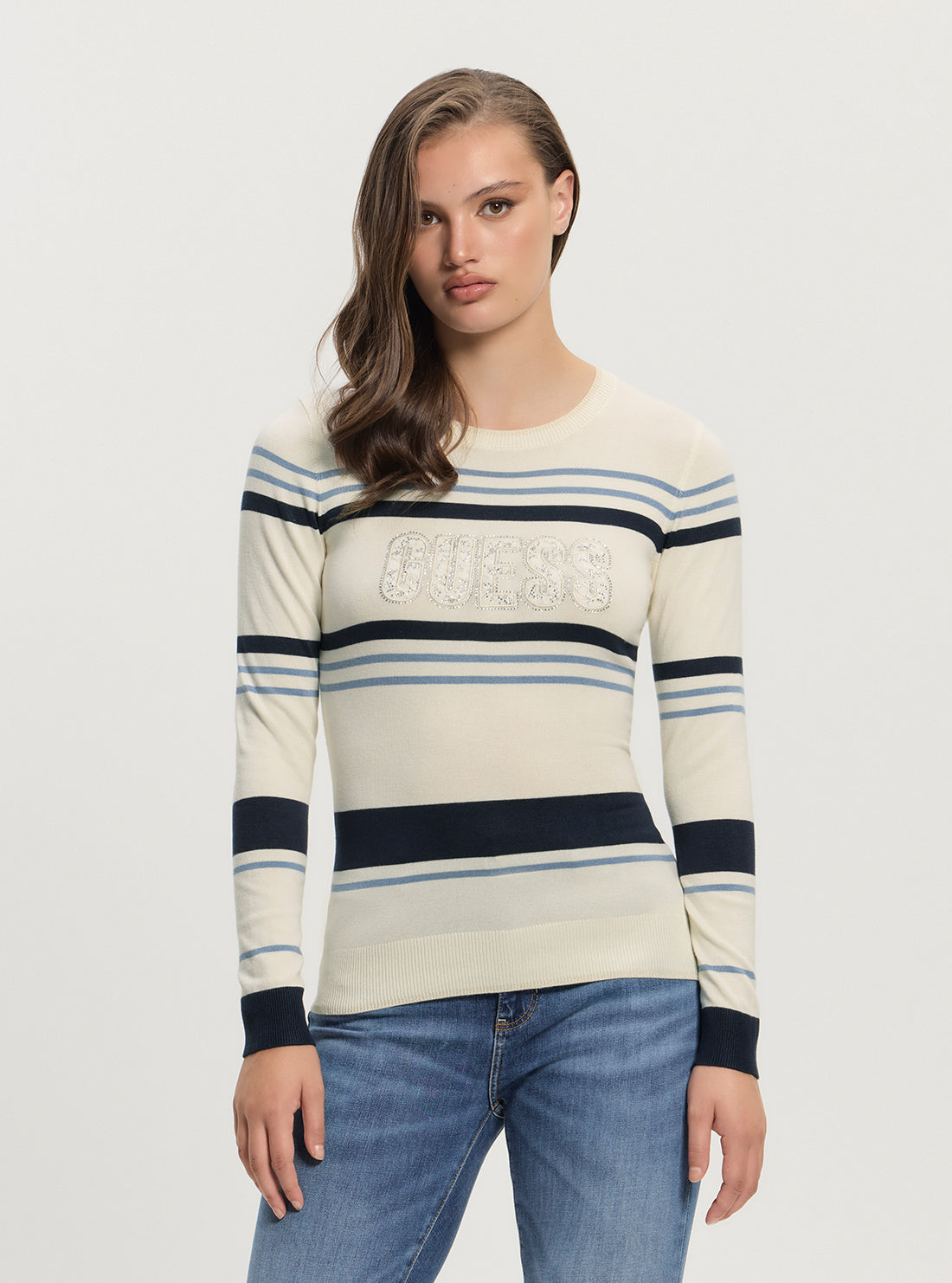 GUESS Womens White Blue Striped Paris Logo Round Neck Sweater W5GR18Z2NQ2 Front View