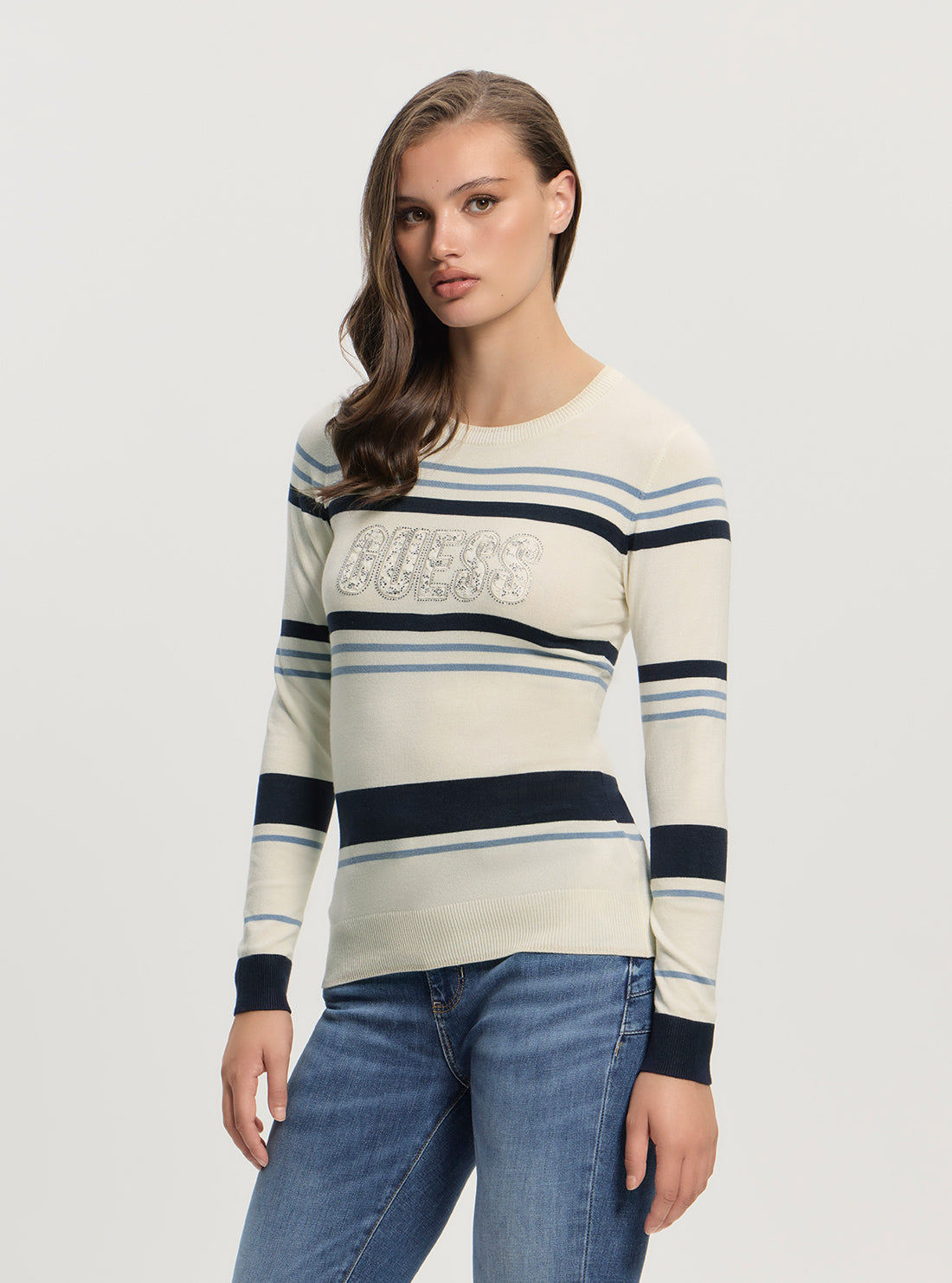 GUESS Womens White Blue Striped Paris Logo Round Neck Sweater W5GR18Z2NQ2 Front Side View