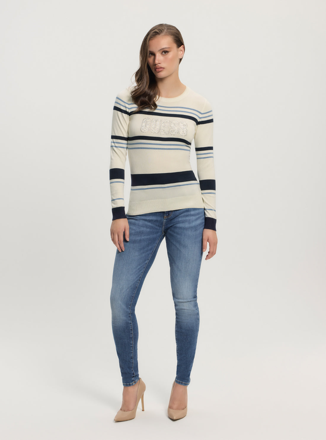 GUESS Womens White Blue Striped Paris Logo Round Neck Sweater W5GR18Z2NQ2 Full View