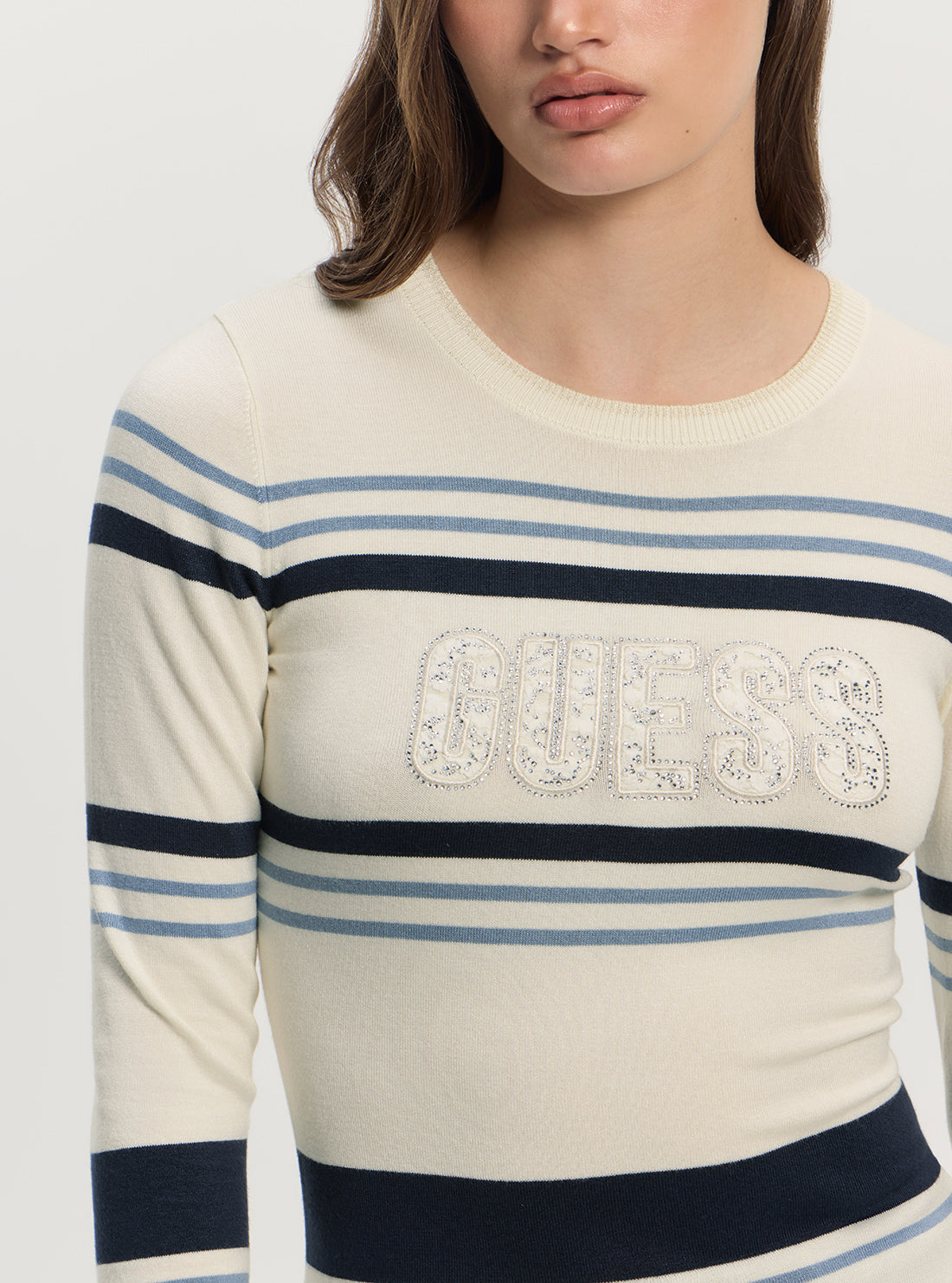 GUESS Womens White Blue Striped Paris Logo Round Neck Sweater W5GR18Z2NQ2 Detail View