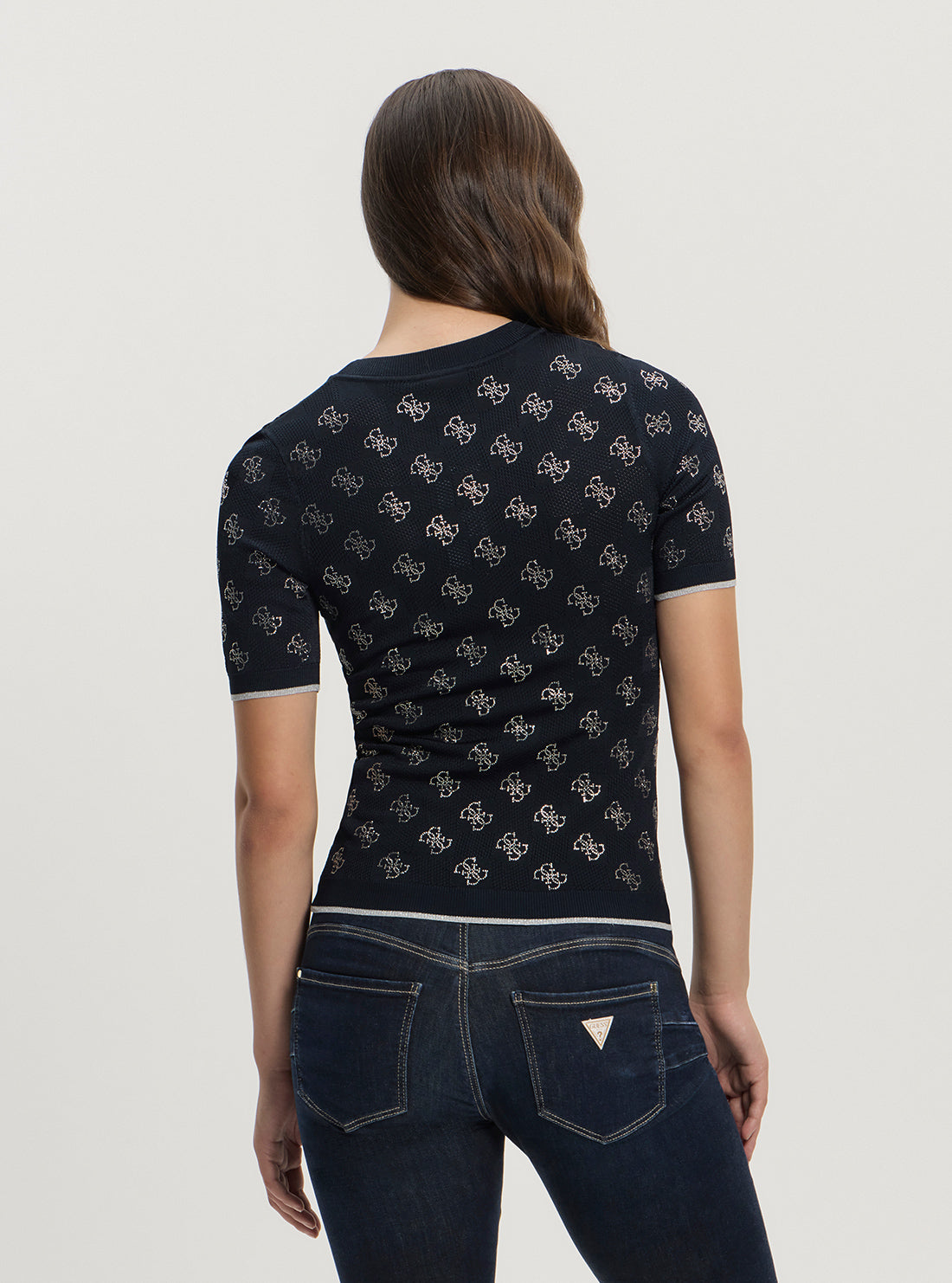 GUESS Women's Blackened Blue Rosie 4G Logo Knit Sweater W5GR20Z3D60 Back View