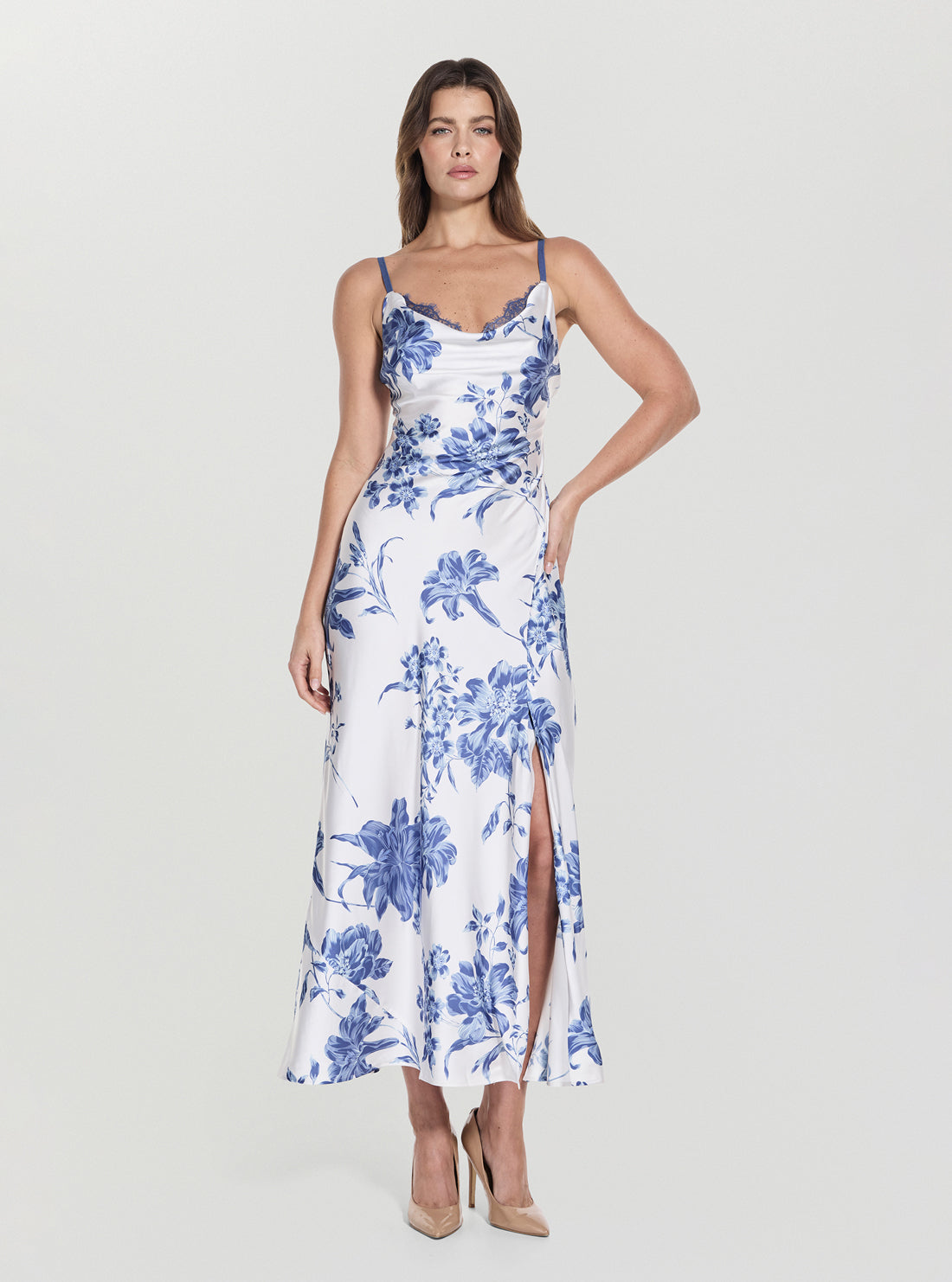 GUESS Womens Blue Floral Print Adele Lace Maxi Dress W5GT10WF1T2 Front View