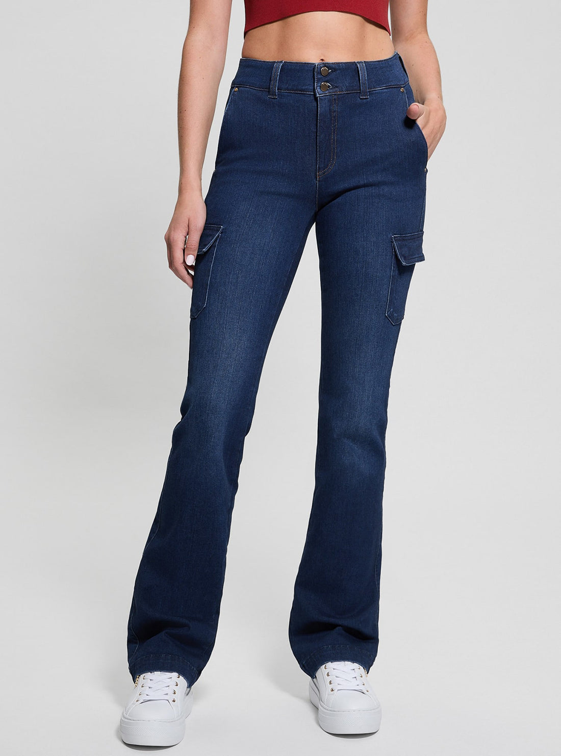 Blue Cargo Boot Cut Denim Jeans in Dark Wash