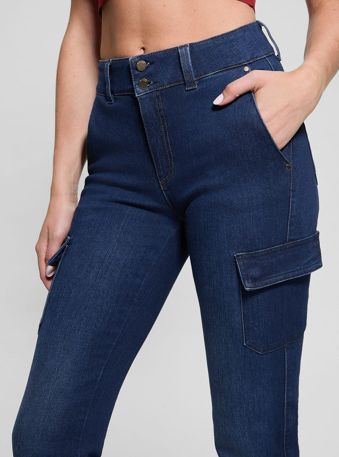 Blue Cargo Boot Cut Denim Jeans in Dark Wash