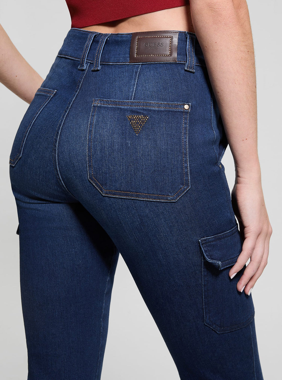 Blue Cargo Boot Cut Denim Jeans in Dark Wash
