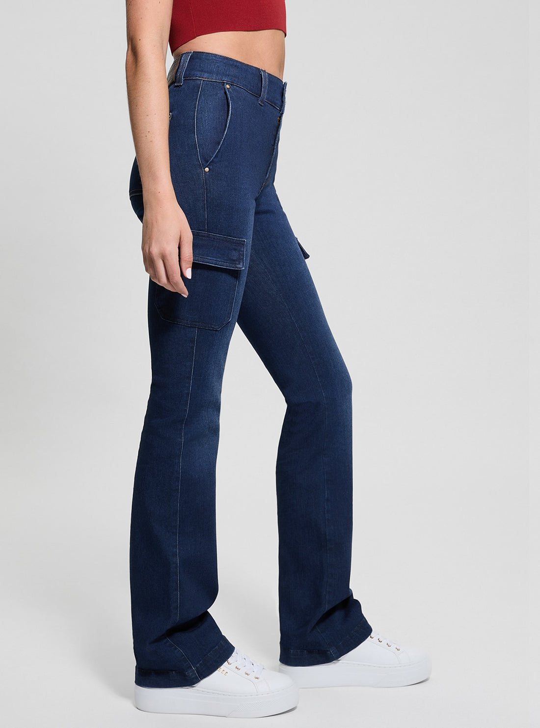 Blue Cargo Boot Cut Denim Jeans in Dark Wash