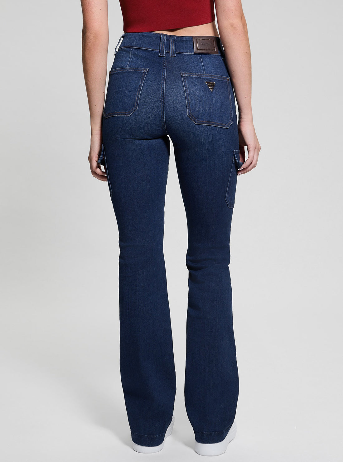 Blue Cargo Boot Cut Denim Jeans in Dark Wash