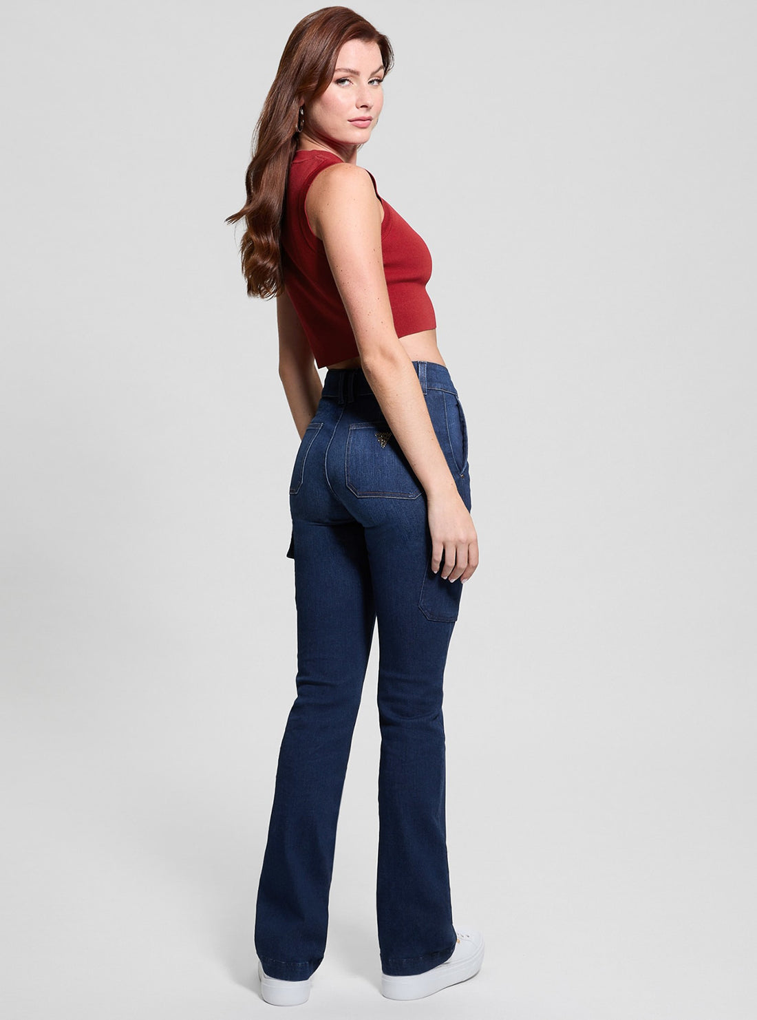 Blue Cargo Boot Cut Denim Jeans in Dark Wash
