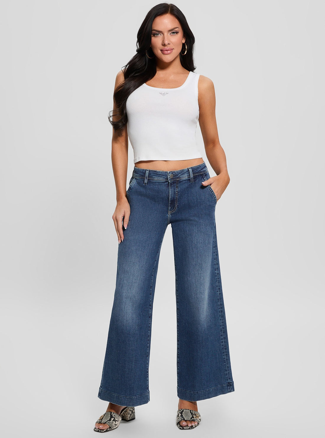 Blue Zoya Wide Leg Cropped Jeans in Mid Wash