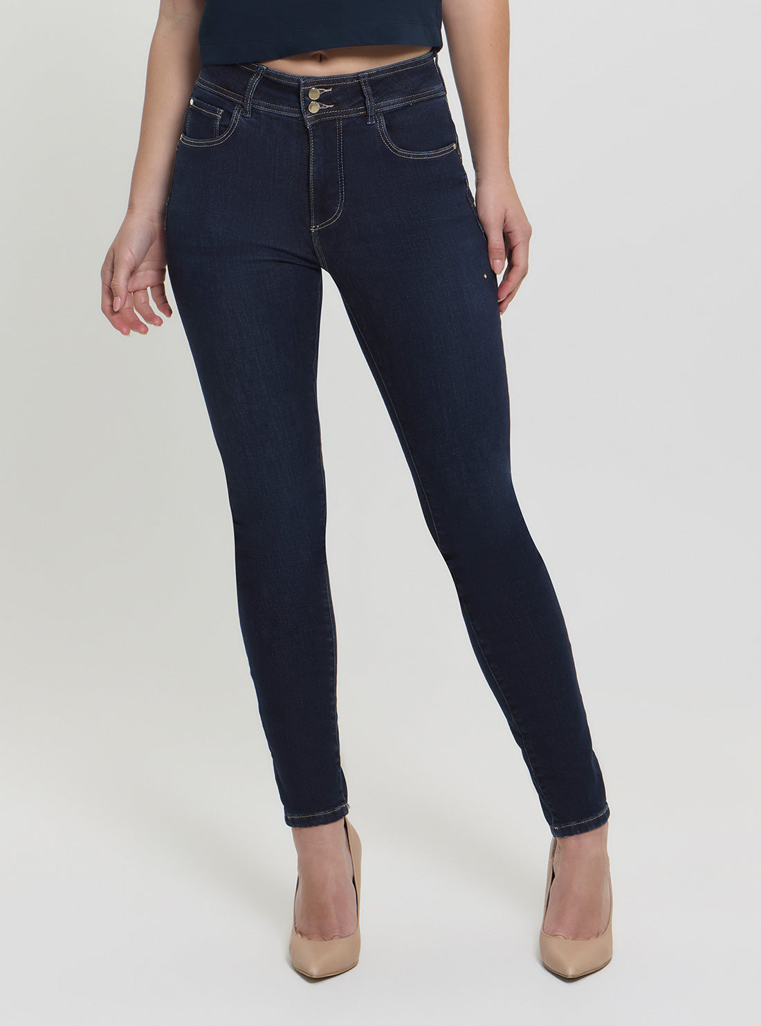 GUESS Womens High-Rise Skinny Shape Up Denim Jeans In Dark Wash W5RA34D5PY1 Front View