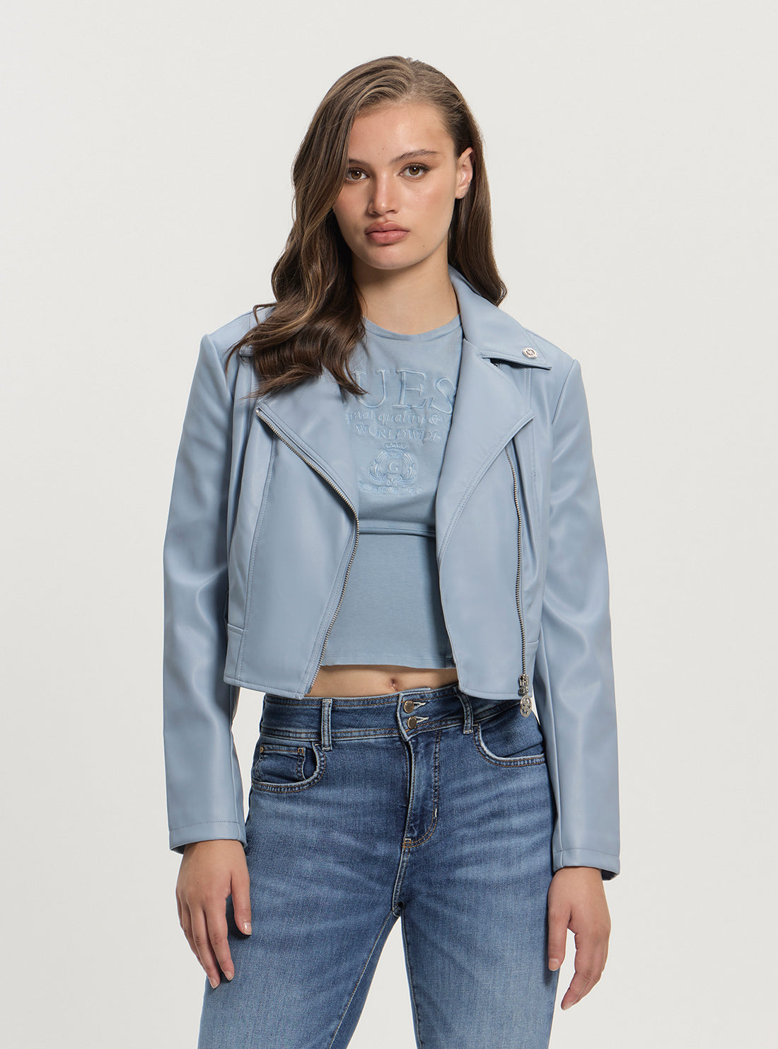 GUESS Womens Blue Clemence Leather Jacket W5RL22WE480 Front View