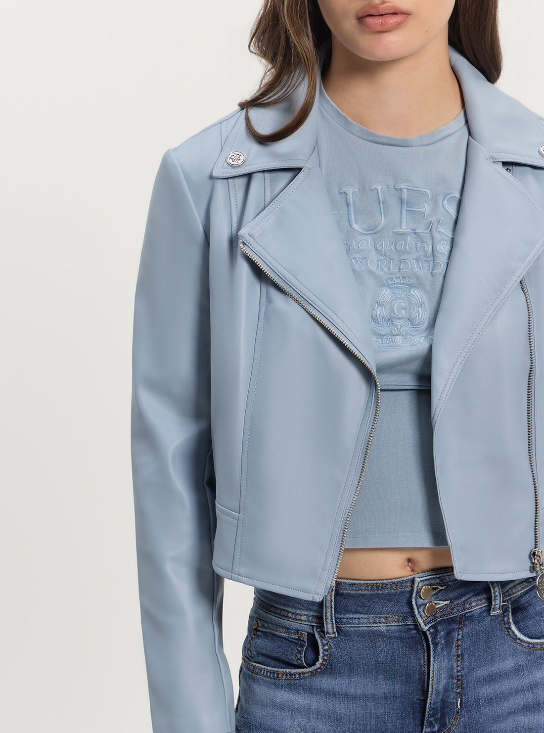 GUESS Womens Blue Clemence Leather Jacket W5RL22WE480 Detail View