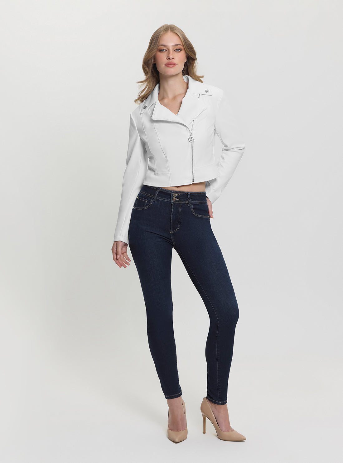 GUESS Womens White Clemence Faux Leather Jacket W5RL22WE480 Full View