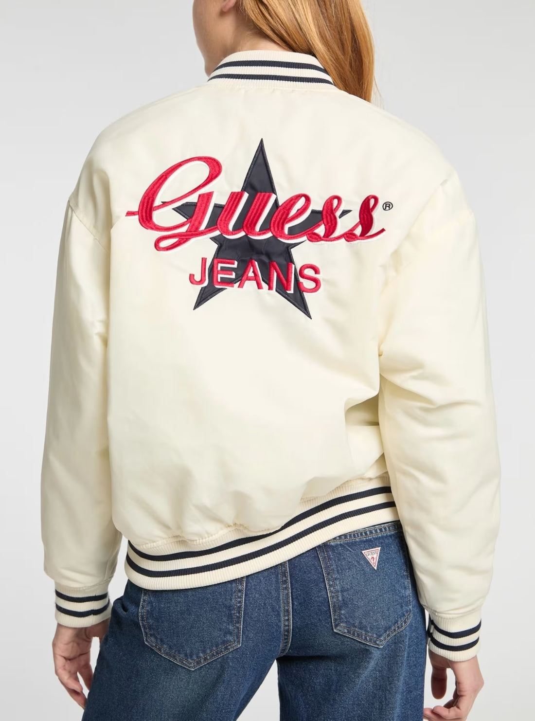 Guess Jeans White Embroidered Varsity Bomber Jacket W5RL43WHAA2 Back View