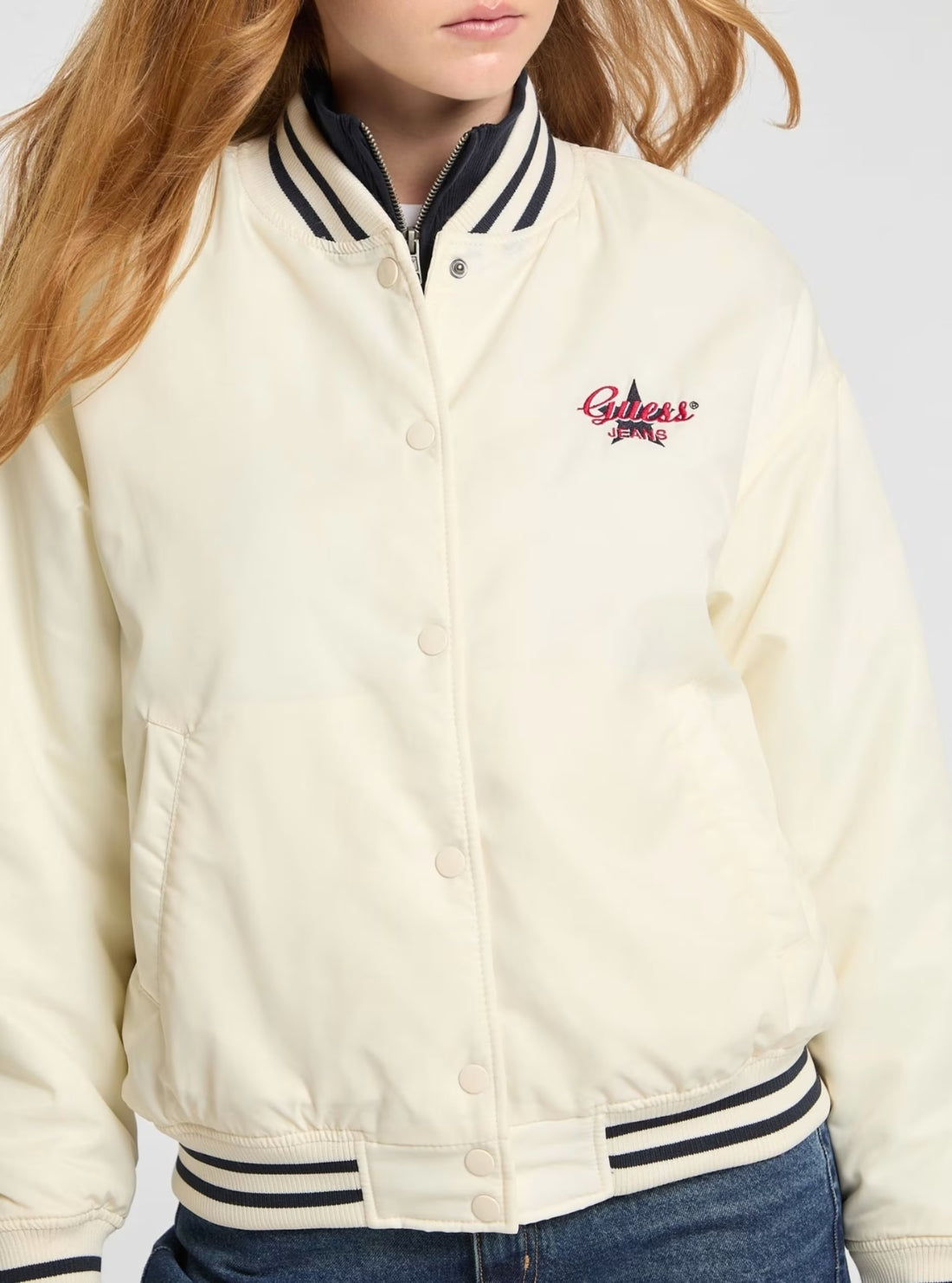 Guess Jeans White Embroidered Varsity Bomber Jacket W5RL43WHAA2 Detail View