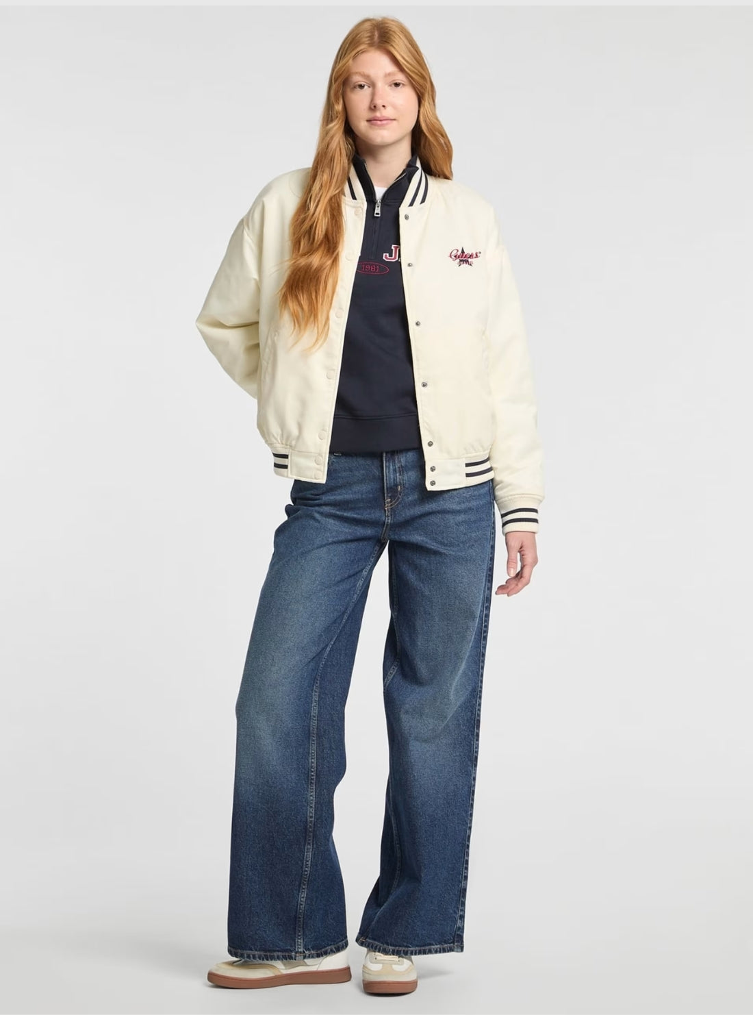 Guess Jeans White Embroidered Varsity Bomber Jacket W5RL43WHAA2 Full View