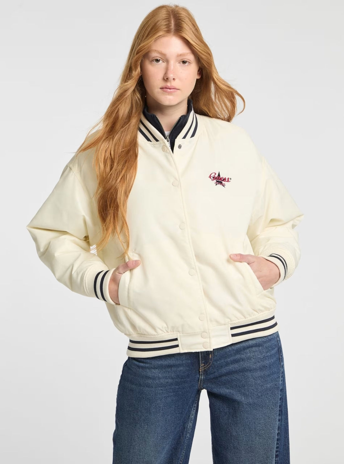 Guess Jeans White Embroidered Varsity Bomber Jacket W5RL43WHAA2 Front View