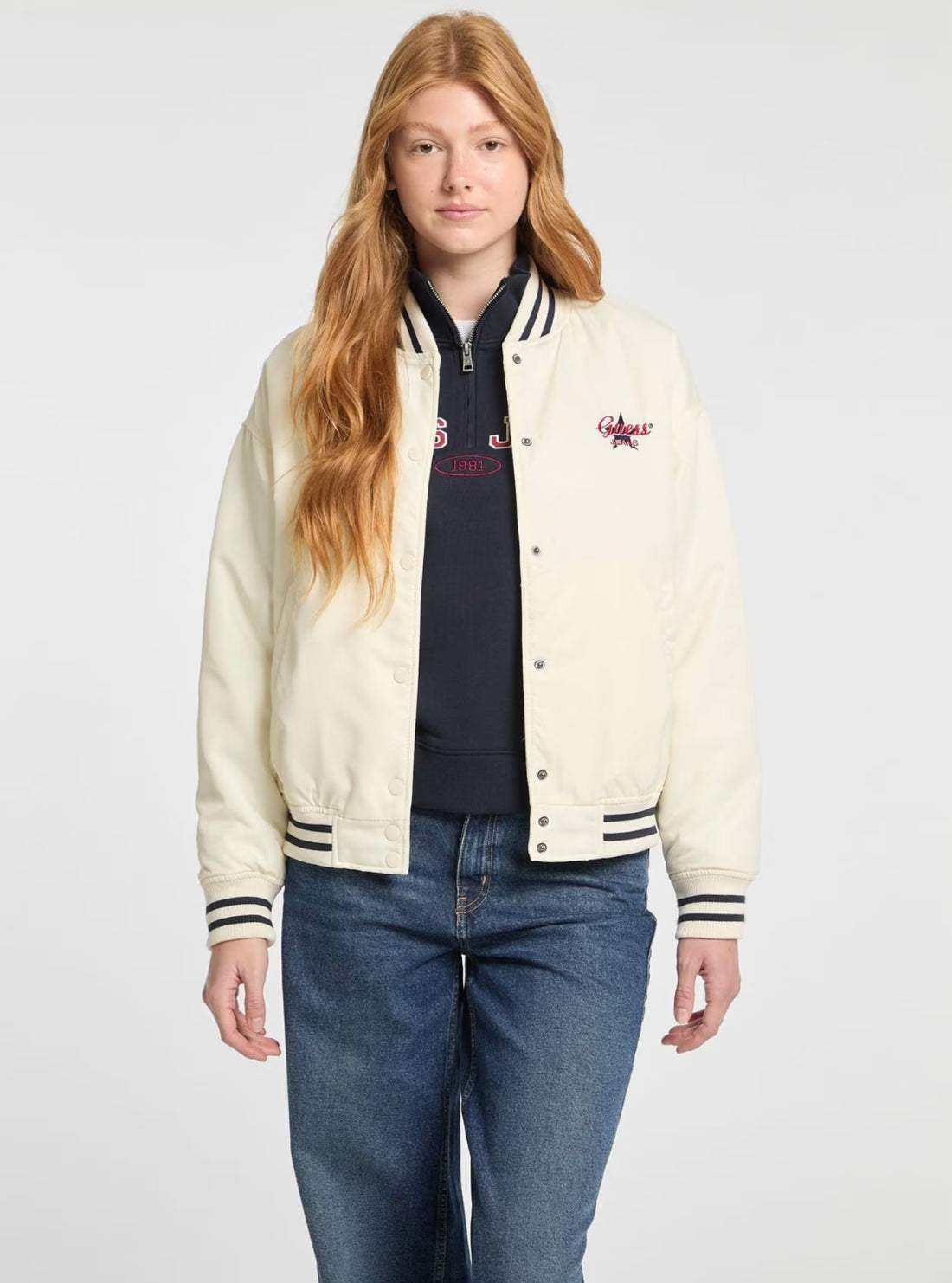 Guess Jeans White Embroidered Varsity Bomber Jacket W5RL43WHAA2 Front View_2