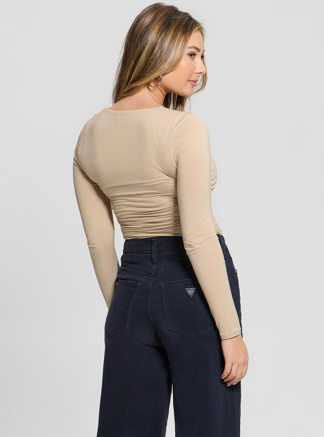 Beige Adrianna Shirred Top