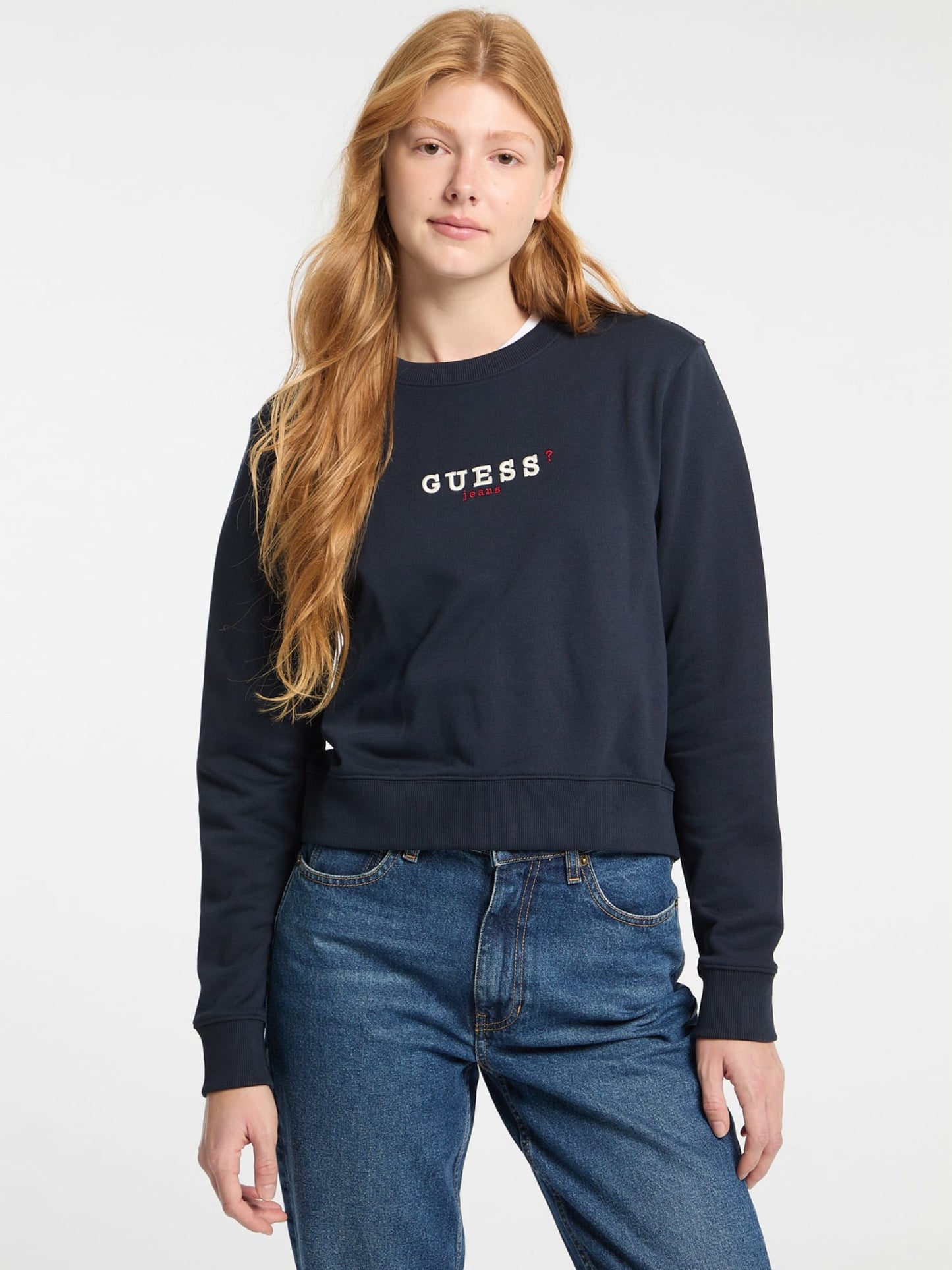 Guess Jeans Navy Crop Embroidered Jumper front view