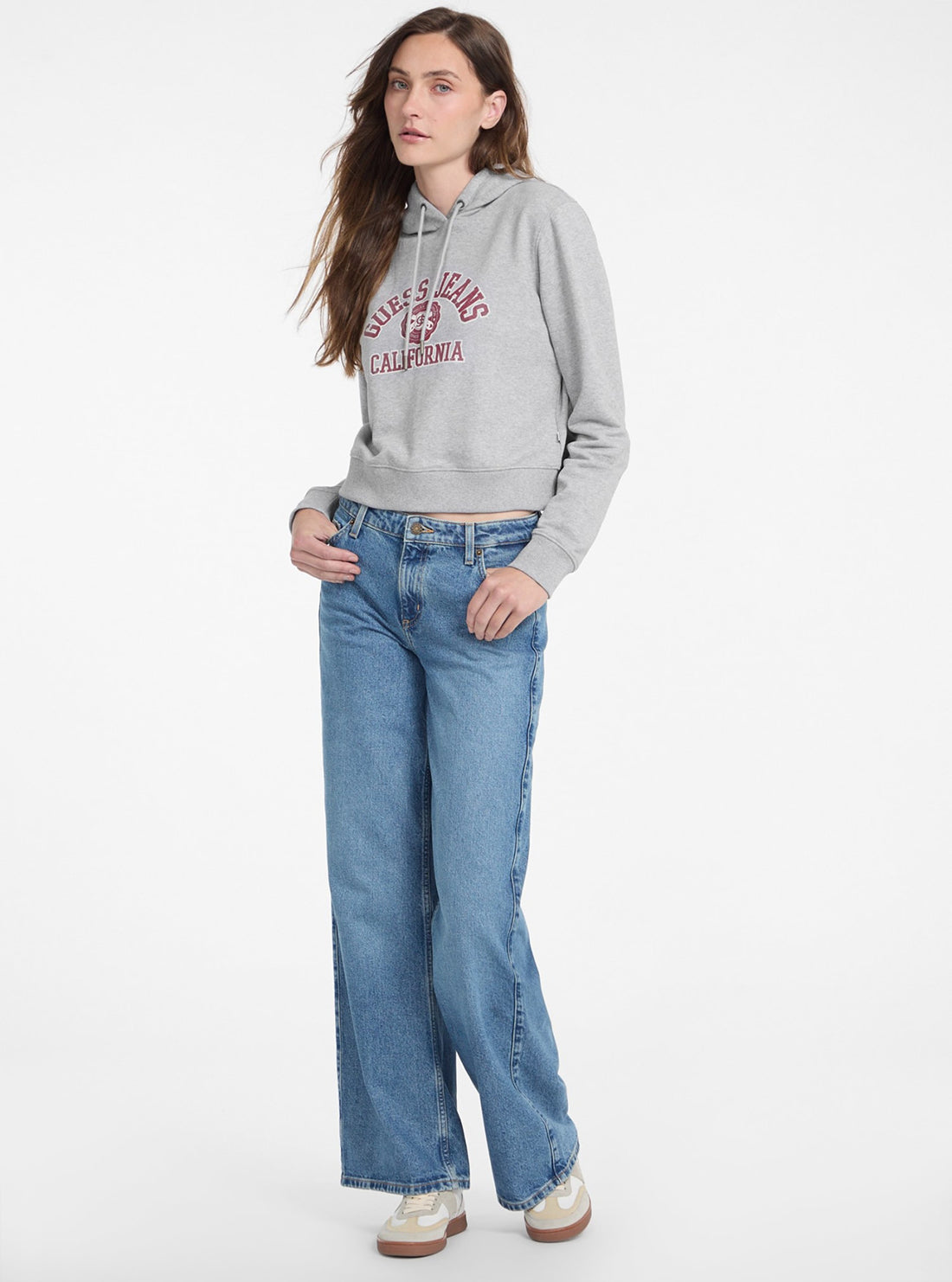 Guess Jeans Grey Crop Hood Print Sweatshirt